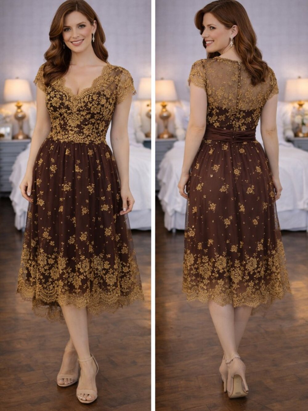 Collette Dinnigan Gold Brown Lace Designer Midi Dress $1500